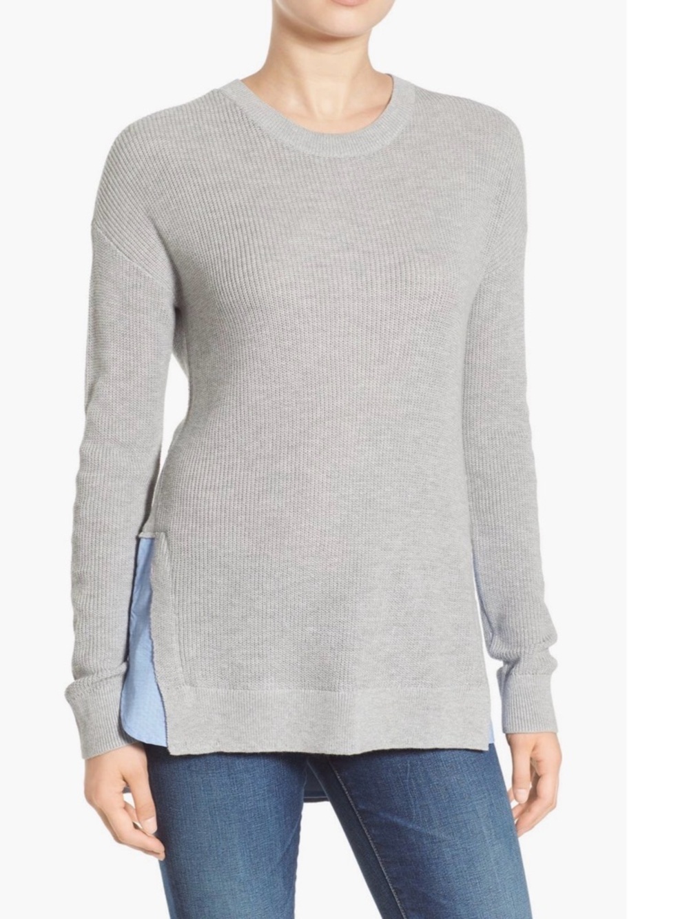 Treasure & Bond Gray Knit Sweater with Light Blue Shirt Hem Detail